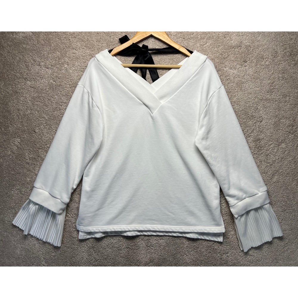 J.O.A White V Neck Sweatshirt Pleated Bell Sleeve Black Bow Tie Back Large Retro